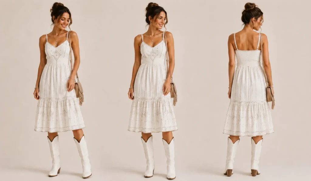 Dazzling Megan Moroney Concert Outfit Ideas: What to Wear for the Cloud 9 Tour 7 Megan Moroney Concert Outfit Ideas featuring a white dress with rhinestone details.