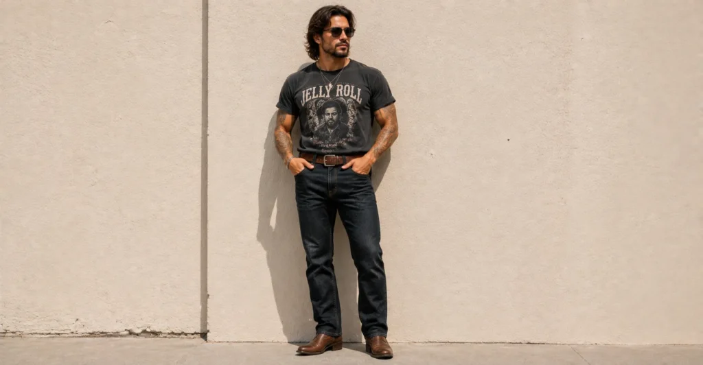 Ultimate Jelly Roll Concert Outfit Ideas: What to Wear for an Unforgettable Show 9 Men's Graphic Tee and Dark Jeans Jelly Roll Concert Outfit Ideas.