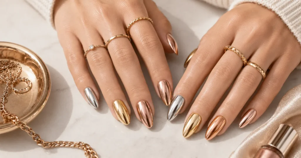 10 Dazzling Metallic Nails Ideas for a Glamorous Trendy Manicure 12 Metallic Nails Ideas featuring a bold mixed-metal silver, gold, rose gold, and copper manicure