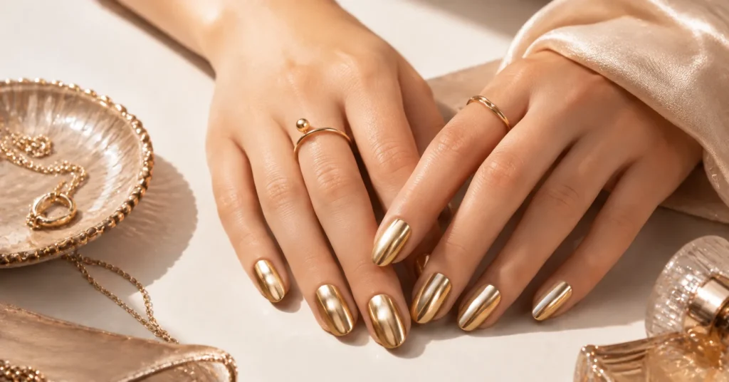 10 Dazzling Metallic Nails Ideas for a Glamorous Trendy Manicure 4 Metallic Nails Ideas featuring elegant warm gold metallic polish