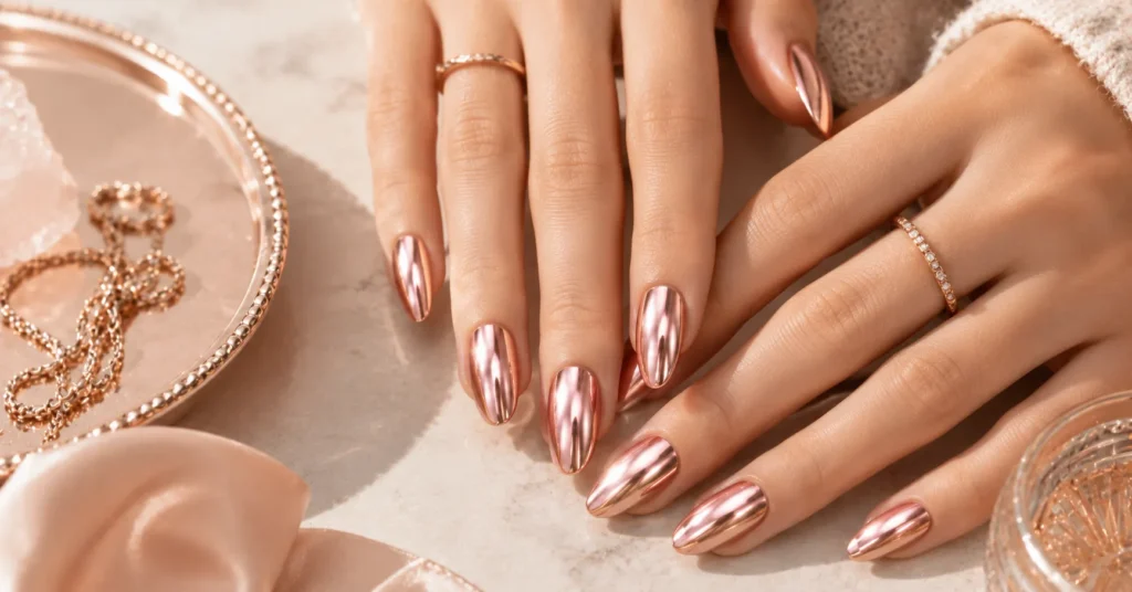 10 Dazzling Metallic Nails Ideas for a Glamorous Trendy Manicure 5 Metallic Nails Ideas featuring a romantic rose gold gel metallic manicure