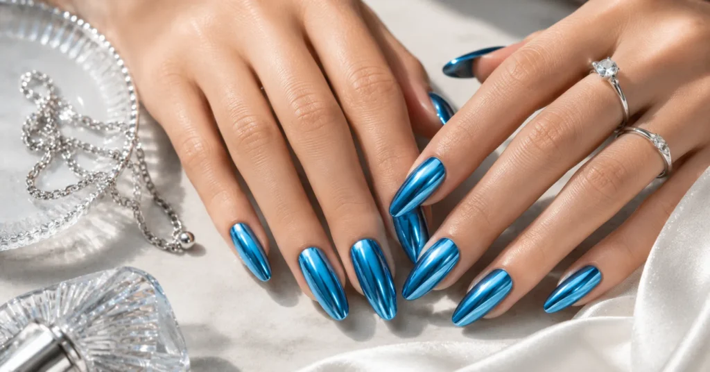 10 Dazzling Metallic Nails Ideas for a Glamorous Trendy Manicure 6 Metallic Nails Ideas featuring cool blue mirror chrome nails