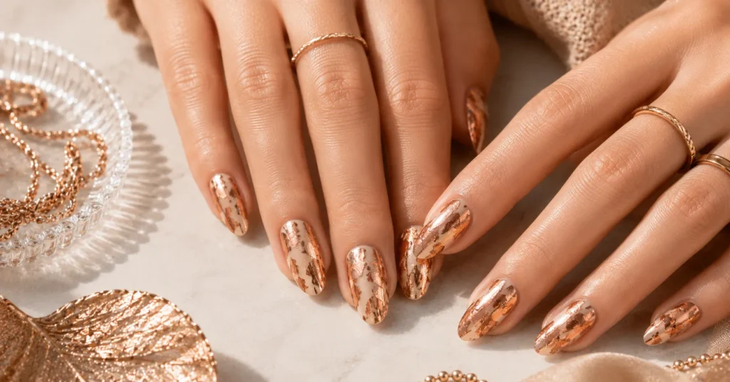 10 Dazzling Metallic Nails Ideas for a Glamorous Trendy Manicure 7 Metallic Nails Ideas featuring artistic copper foil nail art