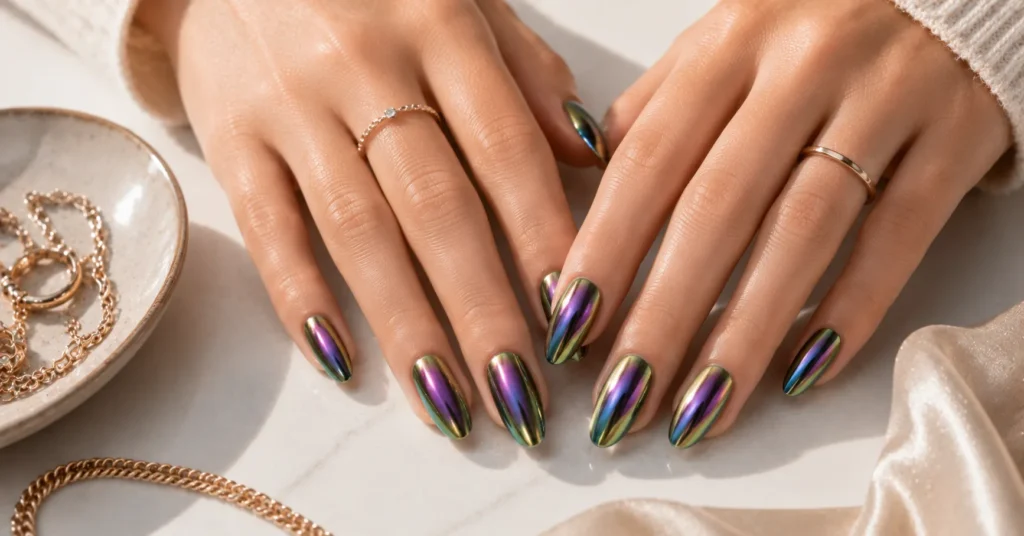 10 Dazzling Metallic Nails Ideas for a Glamorous Trendy Manicure 8 Metallic Nails Ideas featuring color-shifting multi-chrome chameleon nails