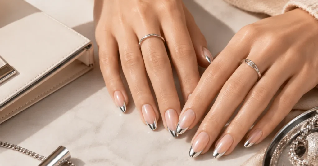 10 Dazzling Metallic Nails Ideas for a Glamorous Trendy Manicure 9 Metallic Nails Ideas with elegant silver metallic French tips