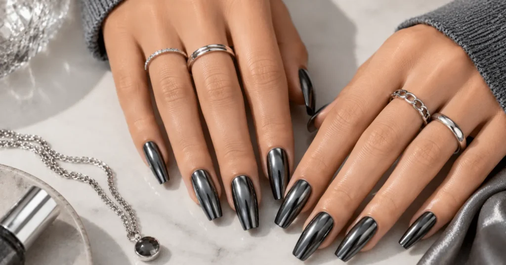 10 Dazzling Metallic Nails Ideas for a Glamorous Trendy Manicure 11 Metallic Nails Ideas featuring sophisticated deep gunmetal gel nails