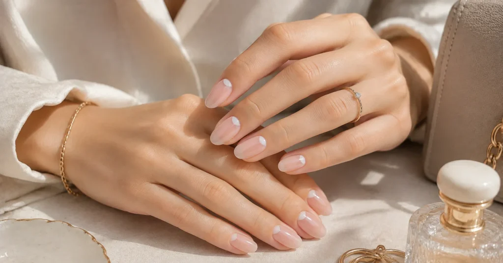 10 Dreamy Milky Pink Nails Ideas for a Soft Elegant Manicure 8 Milky Pink Nails Ideas featuring a sophisticated reverse French manicure with a delicate cuticle accent.