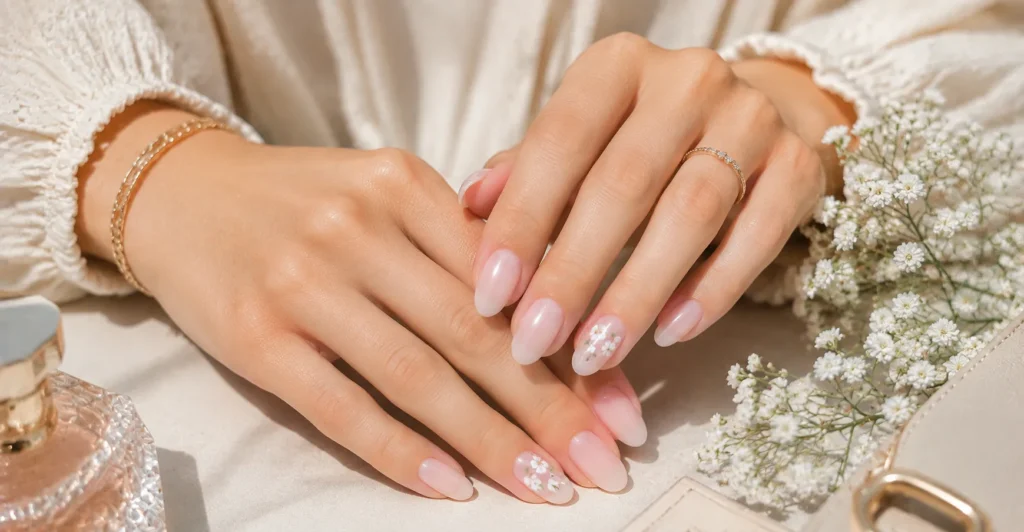 10 Dreamy Milky Pink Nails Ideas for a Soft Elegant Manicure 9 Milky Pink Nails Ideas with tiny delicate floral nail art for a romantic manicure.