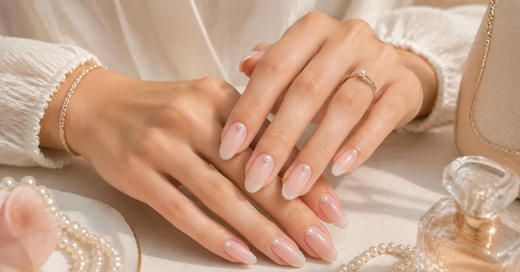 10 Dreamy Milky Pink Nails Ideas for a Soft Elegant Manicure 11 Milky Pink Nails Ideas with tiny pearl details for a dreamy elegant manicure.