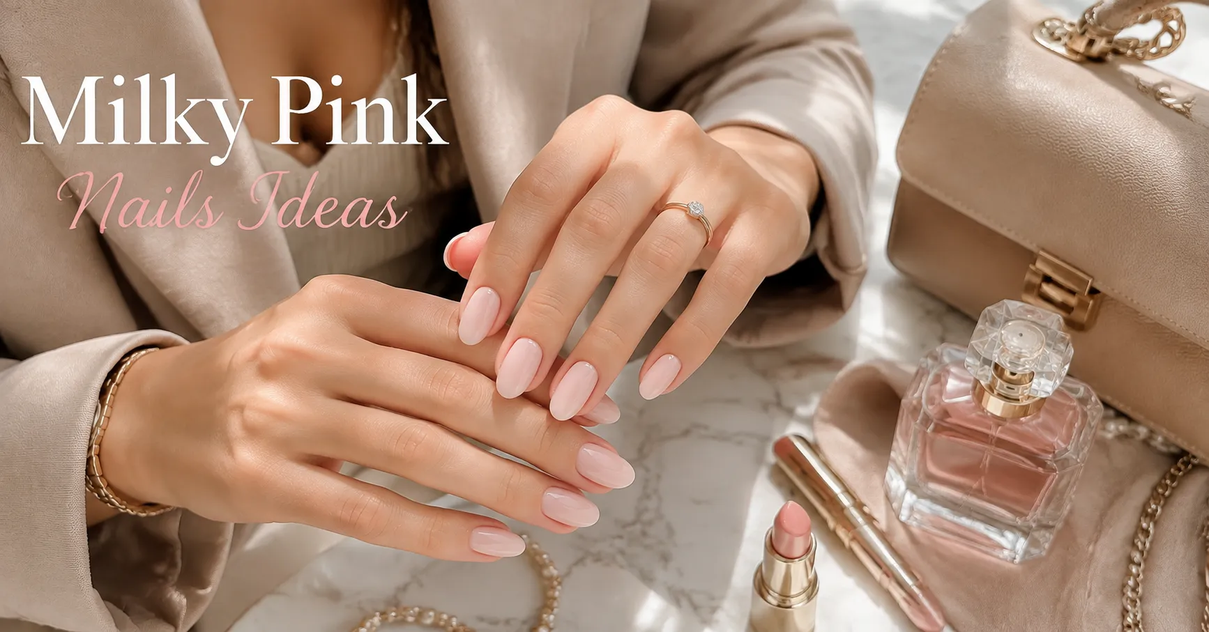 Milky Pink Nails Ideas featuring a soft elegant manicure in a bright luxury editorial setting.