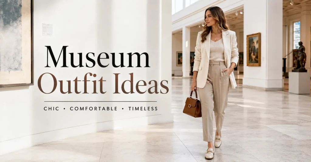 10 Effortless Museum Outfit Ideas for a Chic and Comfortable Look 2 Museum Outfit Ideas featuring an adult woman in a chic neutral outfit with loafers and a blazer inside a bright modern museum.
