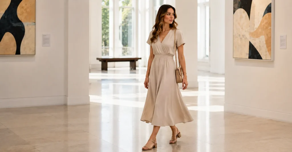 10 Effortless Museum Outfit Ideas for a Chic and Comfortable Look 5 Museum Outfit Ideas featuring an elegant neutral midi dress, block-heel sandals, delicate jewelry, and a crossbody bag.
