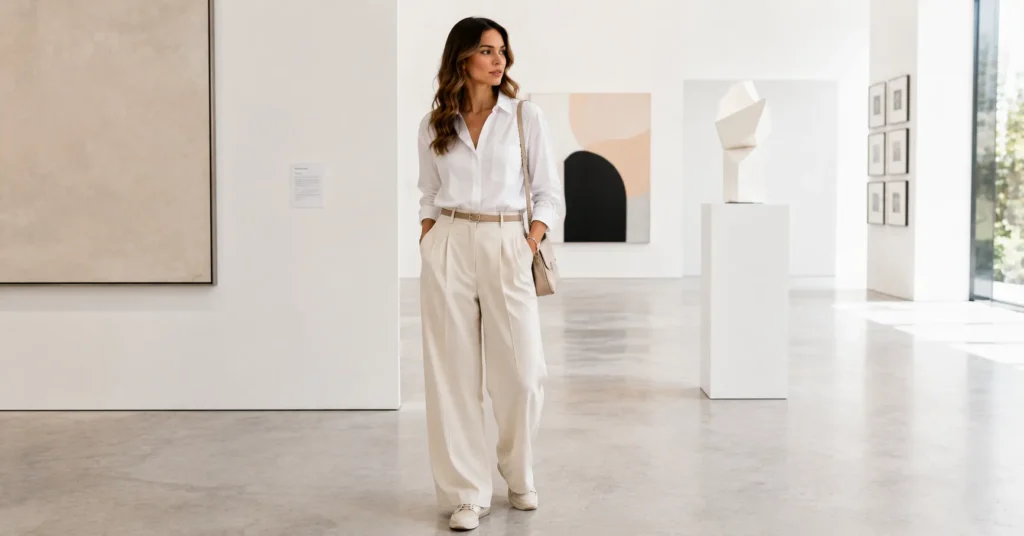 10 Effortless Museum Outfit Ideas for a Chic and Comfortable Look 6 Museum Outfit Ideas featuring a minimalist monochrome look with wide-leg trousers, an oversized shirt, sneakers, and a leather belt.
