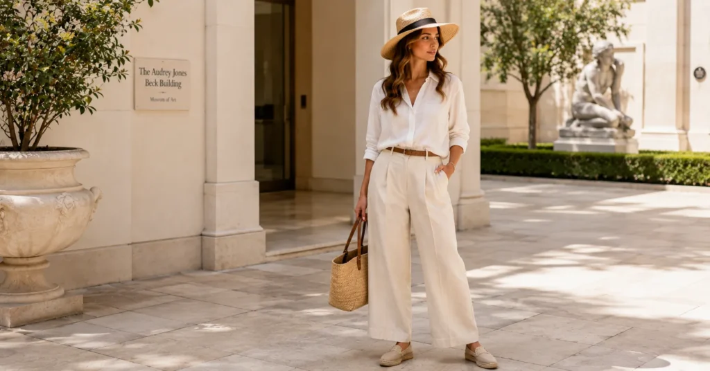 10 Effortless Museum Outfit Ideas for a Chic and Comfortable Look 7 Museum Outfit Ideas featuring a breathable linen shirt, cotton trousers, espadrilles, woven handbag, and sun hat.