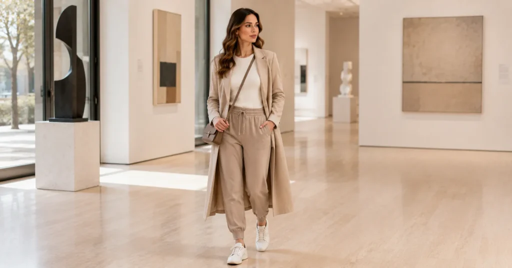 10 Effortless Museum Outfit Ideas for a Chic and Comfortable Look 10 Museum Outfit Ideas featuring elevated athleisure with structured joggers, a cream knit top, minimalist sneakers, and a beige coat.