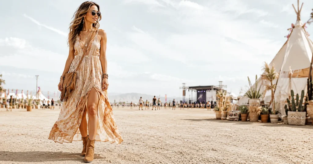 12 Stunning Music Festival Outfit Ideas Women Can Wear for a Standout Festival Look 3 Music Festival Outfit Ideas Women featuring a flowy boho maxi dress, ankle boots, fringe bag, and layered necklaces.