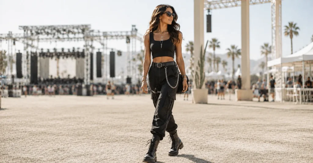 12 Stunning Music Festival Outfit Ideas Women Can Wear for a Standout Festival Look 12 Music Festival Outfit Ideas Women featuring a sleek black festival outfit with cargo pants, combat boots, and silver accessories.