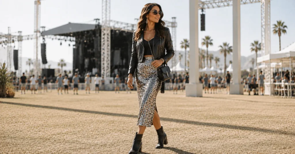 12 Stunning Music Festival Outfit Ideas Women Can Wear for a Standout Festival Look 14 Music Festival Outfit Ideas Women featuring a glamorous sequin skirt, elegant top, lightweight jacket, and heeled boots.