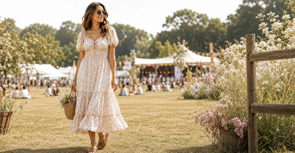 12 Stunning Music Festival Outfit Ideas Women Can Wear for a Standout Festival Look 6 Music Festival Outfit Ideas Women featuring a floral cottagecore prairie dress, woven bag, and flat sandals.