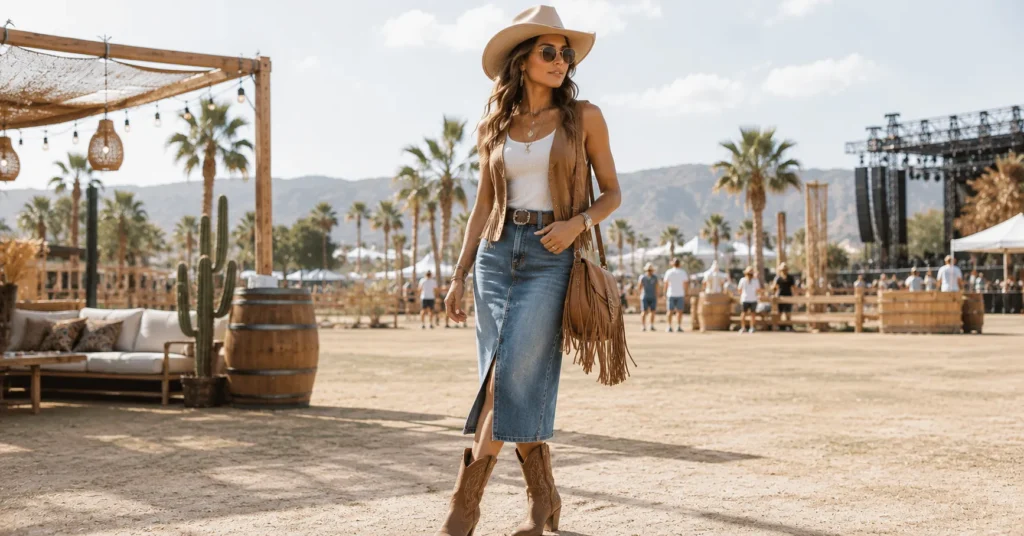 12 Stunning Music Festival Outfit Ideas Women Can Wear for a Standout Festival Look 9 Music Festival Outfit Ideas Women featuring a Western-inspired denim skirt, cowboy boots, wide-brim hat, and fringe bag.