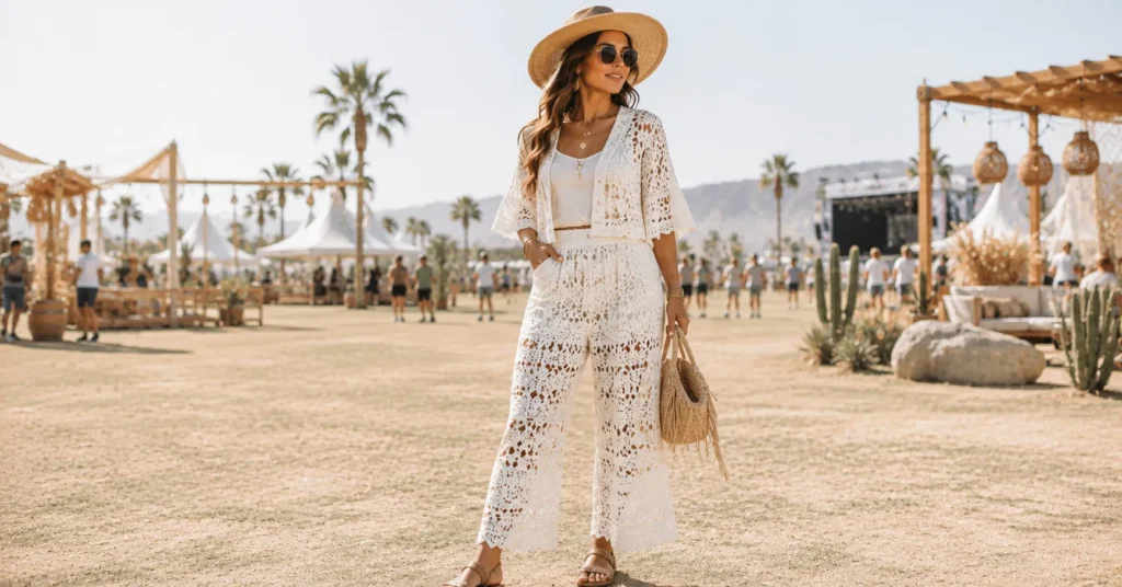 12 Stunning Music Festival Outfit Ideas Women Can Wear for a Standout Festival Look 10 Music Festival Outfit Ideas Women featuring an elegant all-white crochet and linen-inspired festival outfit.