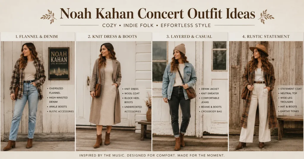 Noah Kahan Concert Outfit Ideas: Cozy Looks You'll Adore 6 Noah Kahan Concert Outfit Ideas comparison of women's indie folk concert outfits