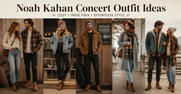 Noah Kahan Concert Outfit Ideas featuring cozy indie folk concert outfits for women and men