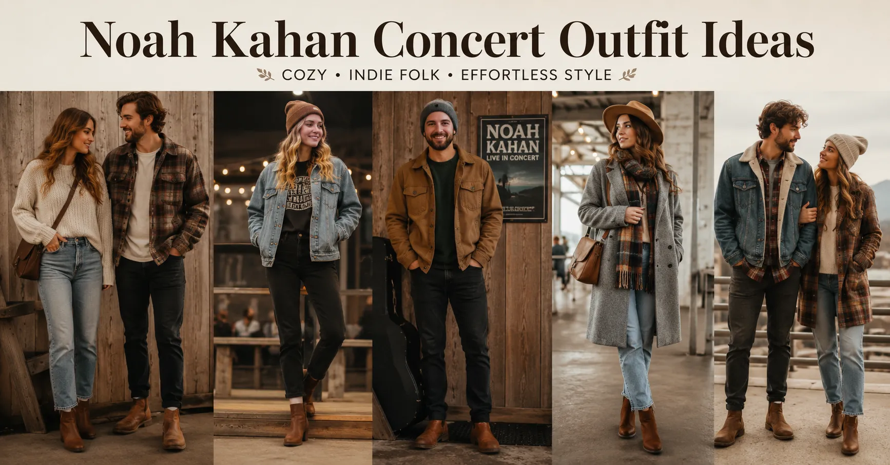 Noah Kahan Concert Outfit Ideas featuring cozy indie folk concert outfits for women and men
