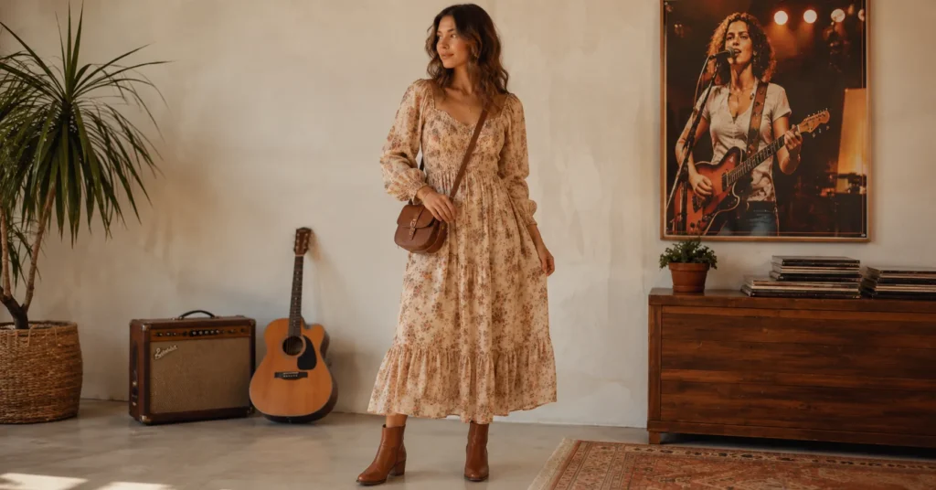 35 Stunning Olivia Dean Concert Outfit Ideas Inspired by Her 2026 Tour 4 Olivia Dean Concert Outfit Ideas featuring a vintage-inspired prairie midi dress