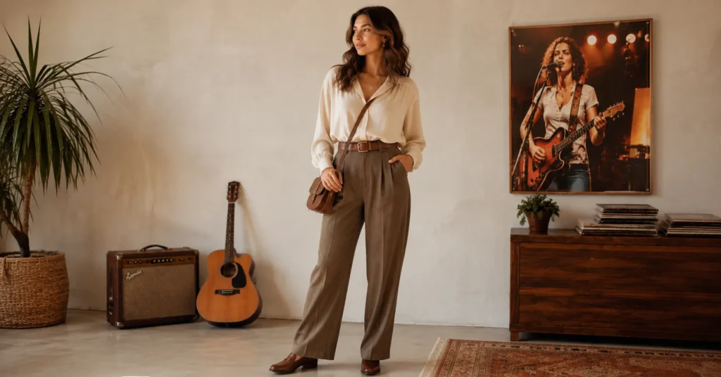 35 Stunning Olivia Dean Concert Outfit Ideas Inspired by Her 2026 Tour 5 Olivia Dean Concert Outfit Ideas with high-waisted trousers and a tucked blouse