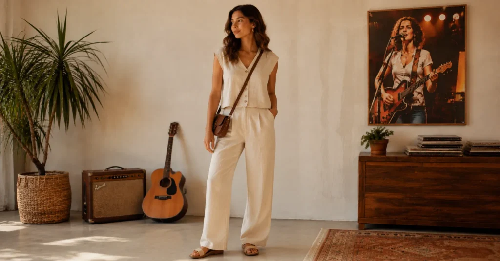 35 Stunning Olivia Dean Concert Outfit Ideas Inspired by Her 2026 Tour 8 Olivia Dean Concert Outfit Ideas featuring a relaxed linen set for summer