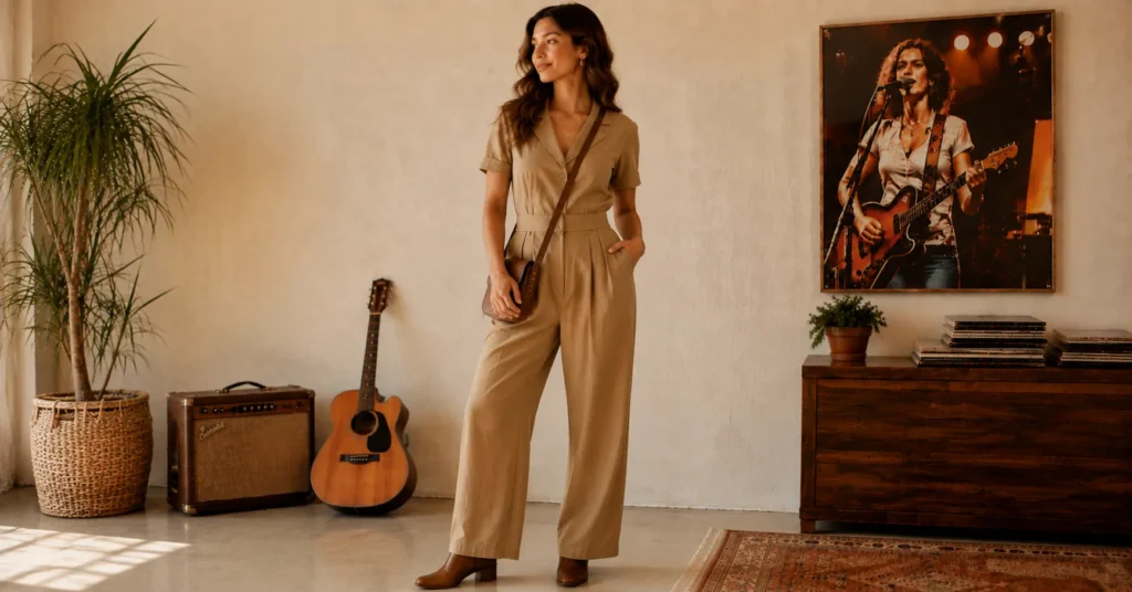35 Stunning Olivia Dean Concert Outfit Ideas Inspired by Her 2026 Tour 13 Olivia Dean Concert Outfit Ideas featuring a sophisticated tailored jumpsuit