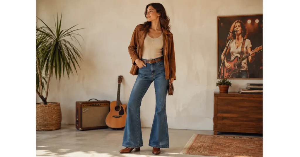 35 Stunning Olivia Dean Concert Outfit Ideas Inspired by Her 2026 Tour 3 Olivia Dean Concert Outfit Ideas with 70s flared jeans and a fitted knit top