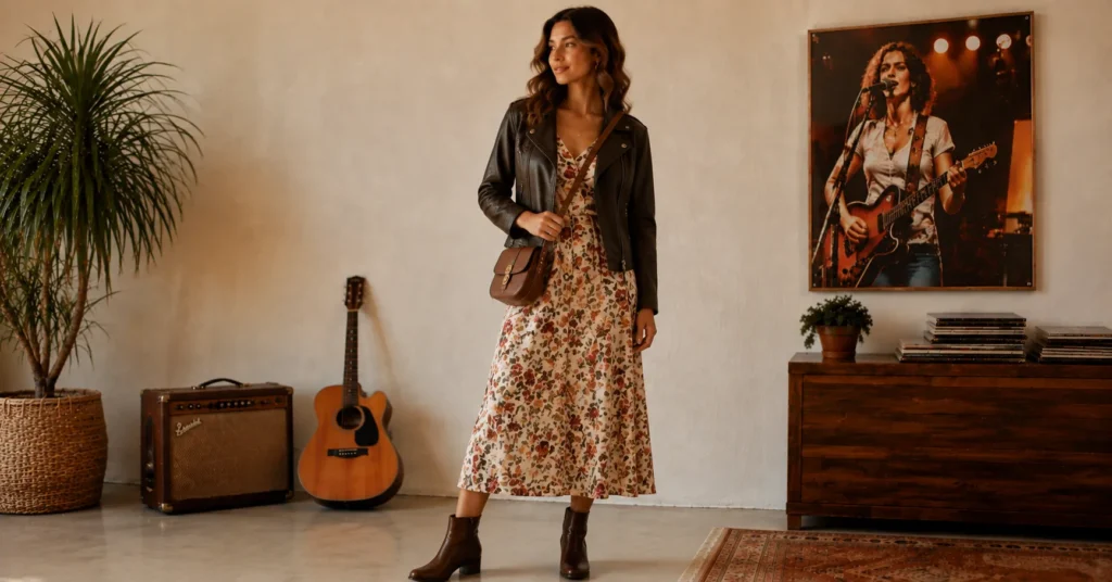 35 Stunning Olivia Dean Concert Outfit Ideas Inspired by Her 2026 Tour 11 Olivia Dean Concert Outfit Ideas with a floral dress and leather jacket