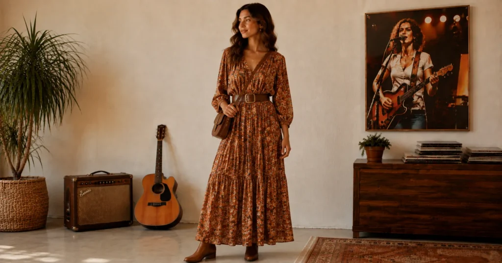 35 Stunning Olivia Dean Concert Outfit Ideas Inspired by Her 2026 Tour 12 Olivia Dean Concert Outfit Ideas with a flowing maxi dress and wide belt