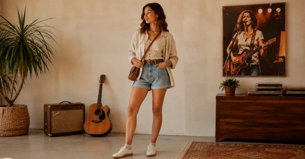 35 Stunning Olivia Dean Concert Outfit Ideas Inspired by Her 2026 Tour 9 Olivia Dean Concert Outfit Ideas with denim shorts and a vintage-inspired crochet top