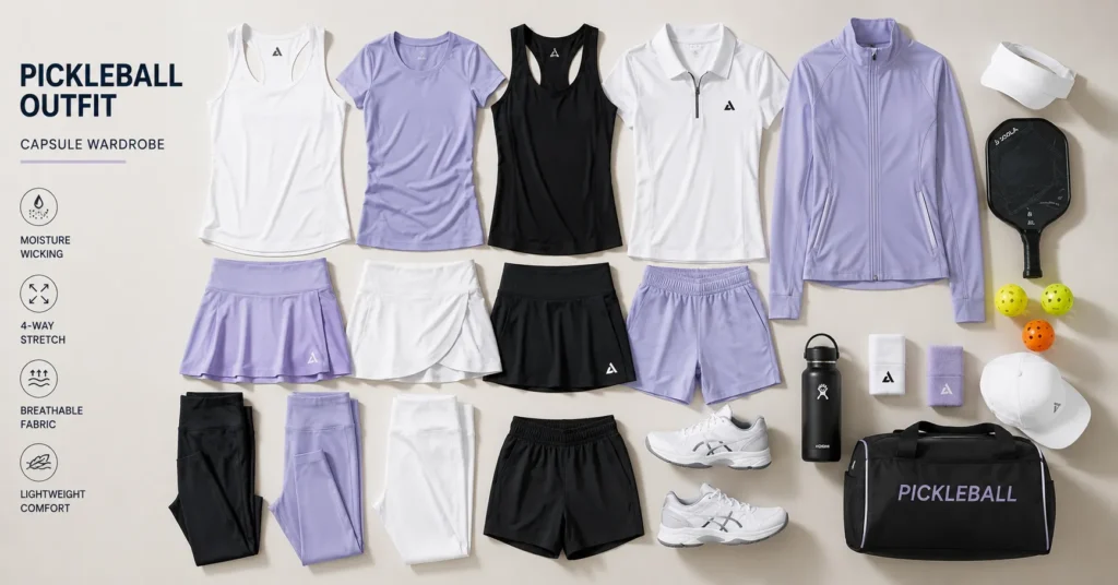The Complete Pickleball Outfit Guide to Play, Move, and Win in Style 9 Pickleball Outfit capsule wardrobe featuring coordinated athletic clothing and accessories