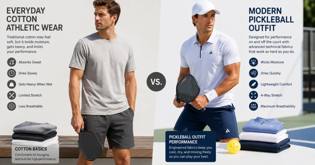 The Complete Pickleball Outfit Guide to Play, Move, and Win in Style 6 Pickleball Outfit comparison showing moisture-wicking sportswear versus cotton clothing