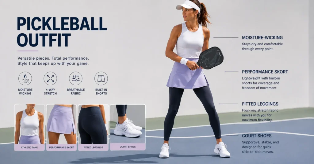 The Complete Pickleball Outfit Guide to Play, Move, and Win in Style 8 Pickleball Outfit featuring athletic skort leggings and moisture-wicking tank top