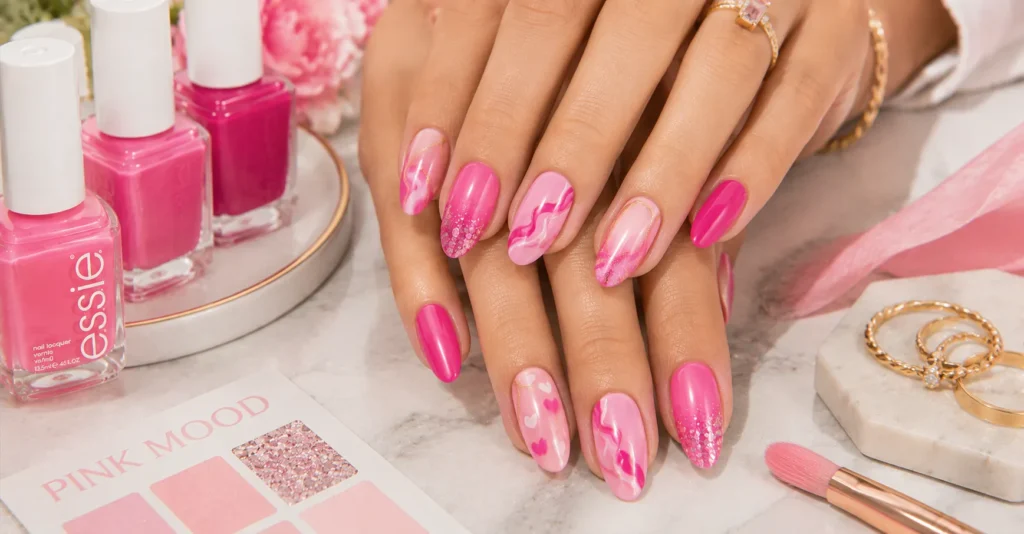 Pink Nail Polish bold and playful nail art with ombre glitter and abstract designs
