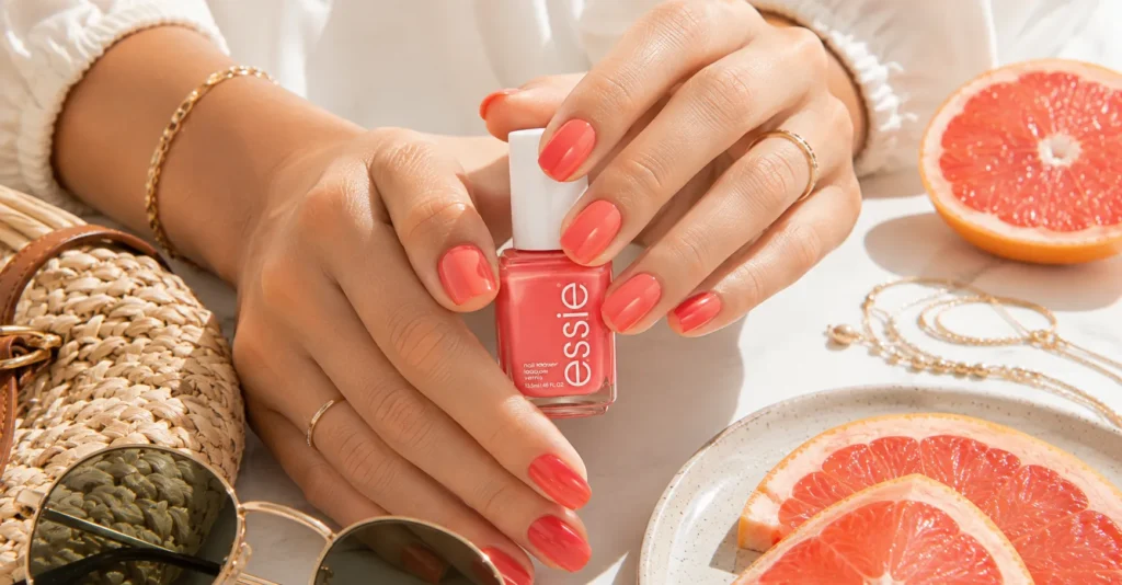 Pink Nail Polish coral manicure with fresh summer-inspired glossy nails