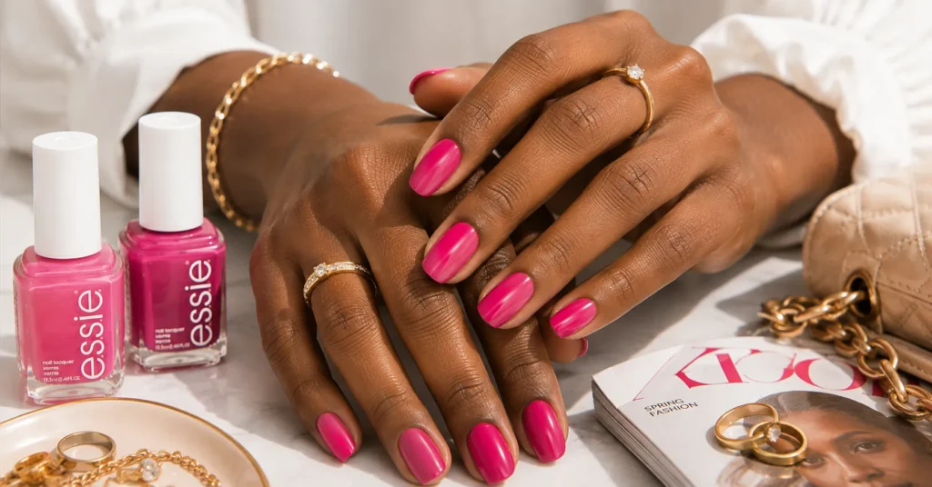 Pink Nail Polish for deep skin featuring bold hot pink glossy manicure