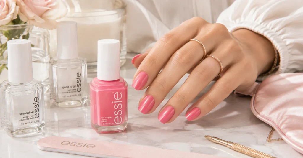 Pink Nail Polish regular formula with elegant at-home manicure setup