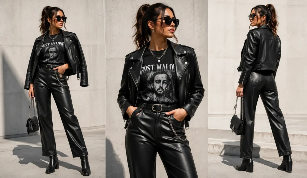 Post Malone Concert Outfit Ideas: Edgy Looks You'll Love 7 Post Malone Concert Outfit Ideas featuring an edgy leather-inspired concert outfit