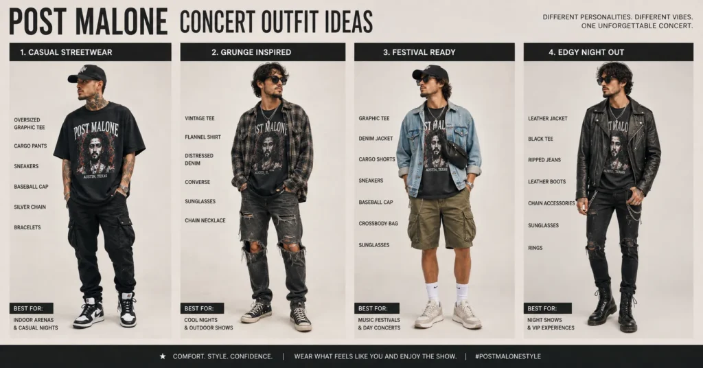 Post Malone Concert Outfit Ideas: Edgy Looks You'll Love 16 Post Malone Concert Outfit Ideas featuring multiple outfit styles for different concert settings