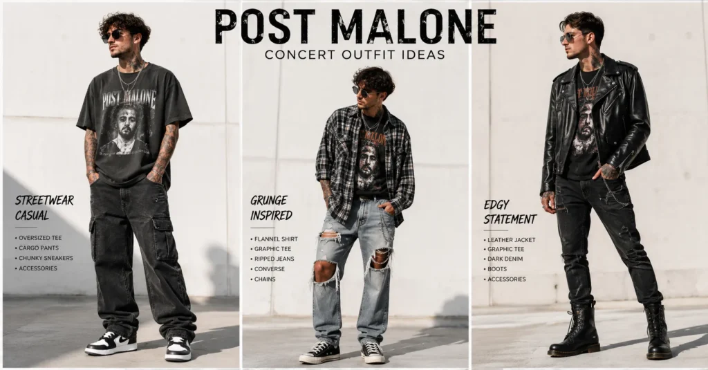 Post Malone Concert Outfit Ideas: Edgy Looks You'll Love 4 Post Malone Concert Outfit Ideas featuring three different concert outfit styles