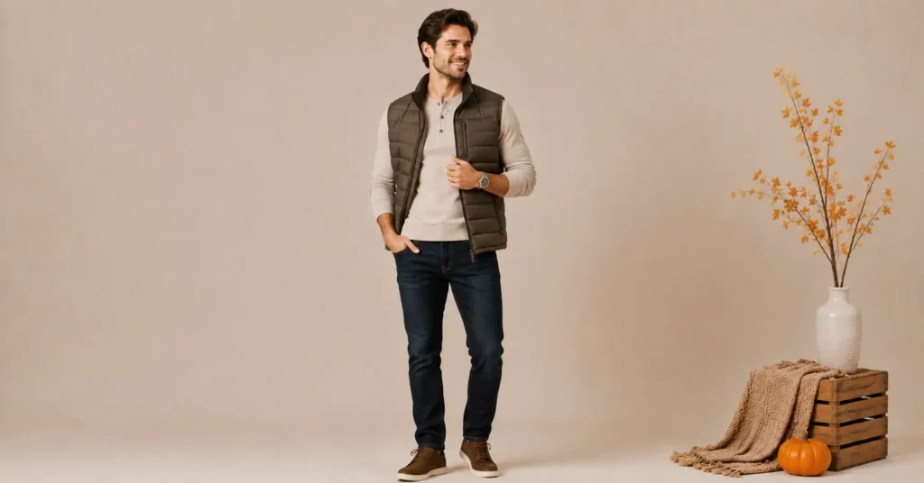 Adorable Pumpkin Patch Outfit Ideas for a Perfect Fall Day 9 Pumpkin Patch Outfit Ideas featuring a men's henley shirt and quilted vest.
