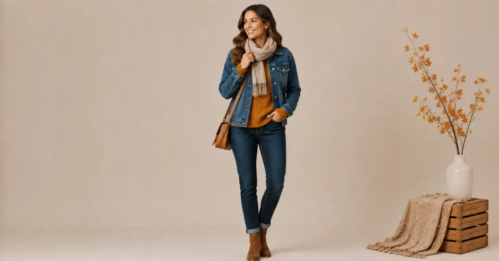 Adorable Pumpkin Patch Outfit Ideas for a Perfect Fall Day 6 Pumpkin Patch Outfit Ideas with a casual denim jacket and sweater combination.