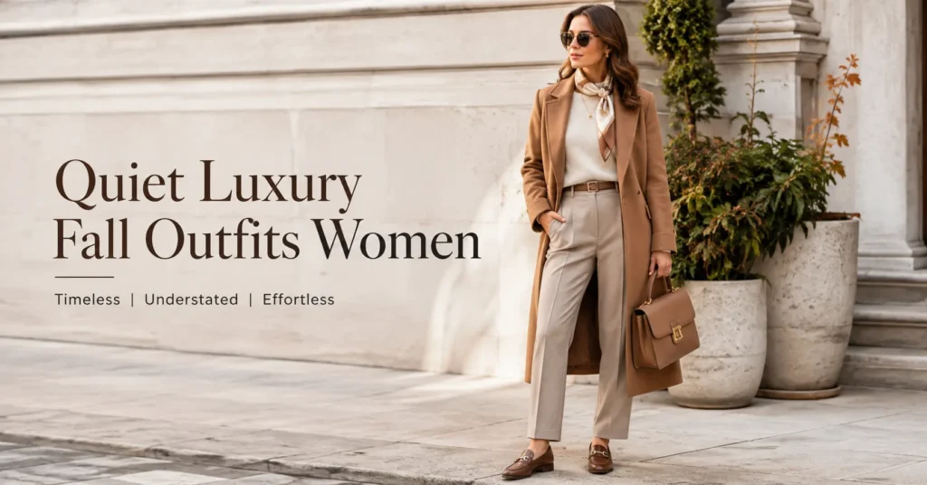 Quiet Luxury Fall Outfits Women featuring a camel coat, cream cashmere sweater, and tailored trousers