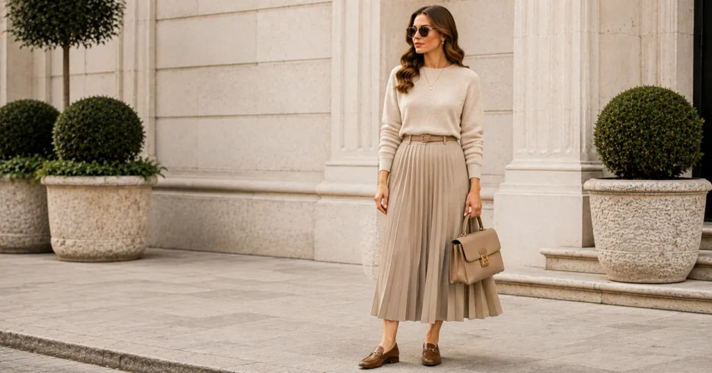 35 Effortless Quiet Luxury Fall Outfits Women Can Copy for a Timeless Look 7 Quiet Luxury Fall Outfits Women featuring a cashmere crewneck and pleated skirt